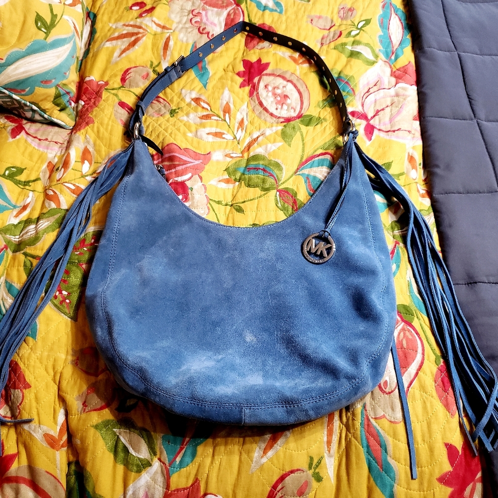 MICHAEL KORS HOBO BAG BLUE SUEDE FRINGE